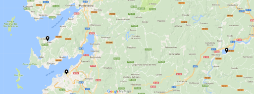 Mapa onde se marcan os puntos onde se instalou o SQM en Bueu, Vigo e Castrelo de Miño